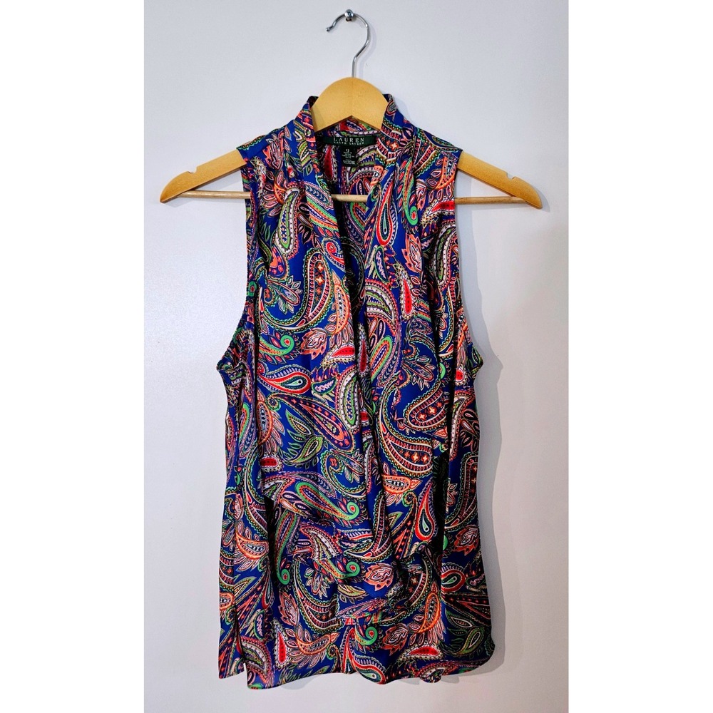 Lauren Ralph Lauren Blouse Women 12 Blue Paisley Excellent Cowl Neck Sleeveless - Picture 2 of 6